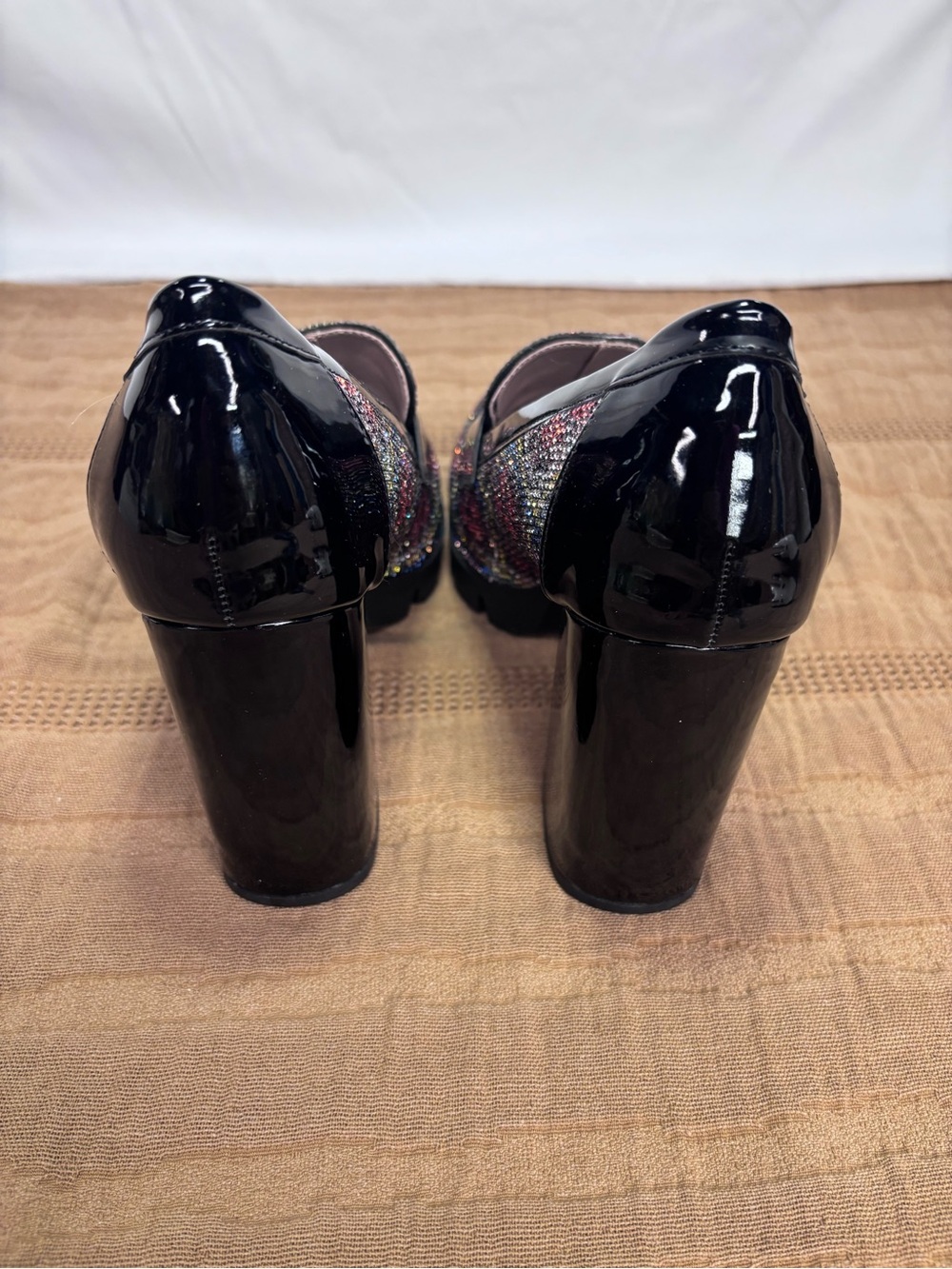 Betsey Johnson Black Patent Multicolor Beaded Block Heel Loafers - Picture 4 of 14